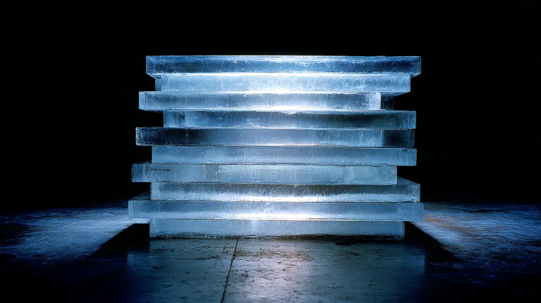 A tall stack of translucent glass blocks with a cold white core on a black mirror floor