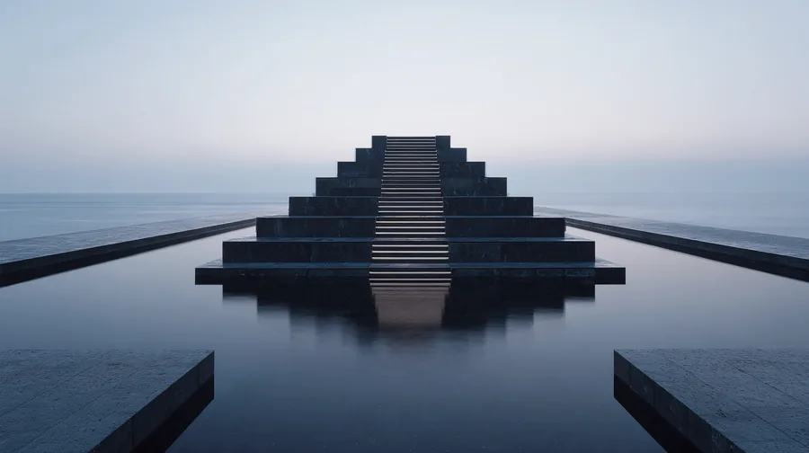A tall stack of translucent glass blocks with a cold white core on a black mirror floor